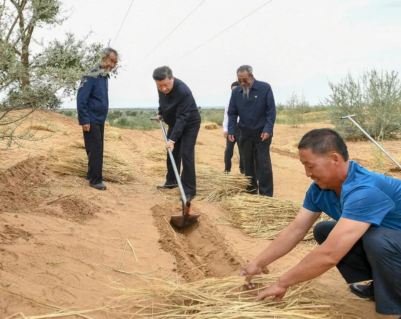 2019年8月21日，習近平來(lái)到甘肅省武威市古浪縣八步沙林場(chǎng)，實(shí)地察看當地治沙造林、生態(tài)保護等情況。新華社記者 謝環(huán)馳 攝